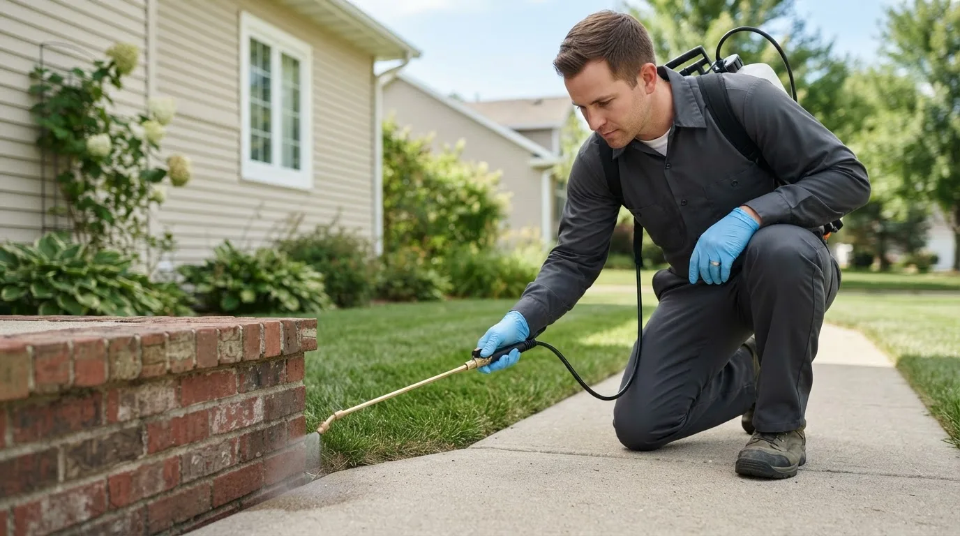Pest control technician treating a home near Slovan, PA