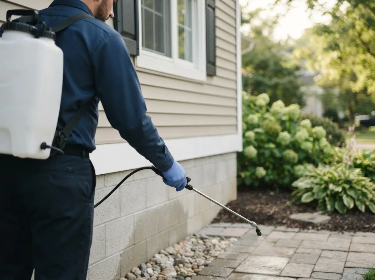 Pest control technician inspecting a home in Slovan, PA